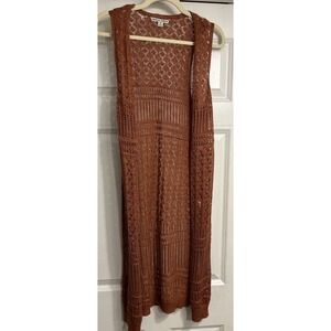 Crochet‎ Vest Womens Med Burnt Orange Coachella Cardigan Loose Knit Boho Hippie